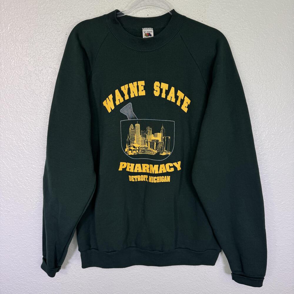 Vintage Pharmacy Sweater Mens XL Wayne State Detroit Michigan Crewneck Green 90s